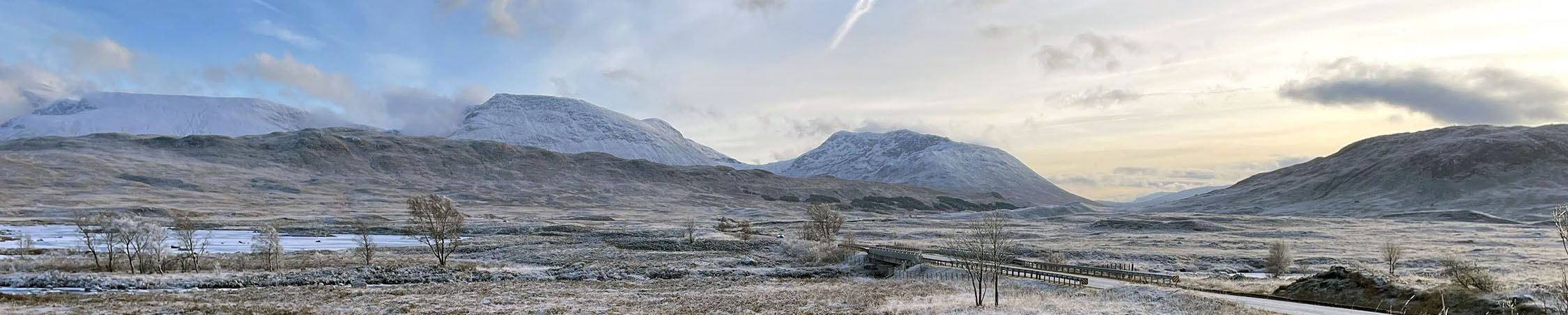 Its a frosty winter's morning with below freezing temperatures Rannoch Moor in shimmering in the morning sunlight.