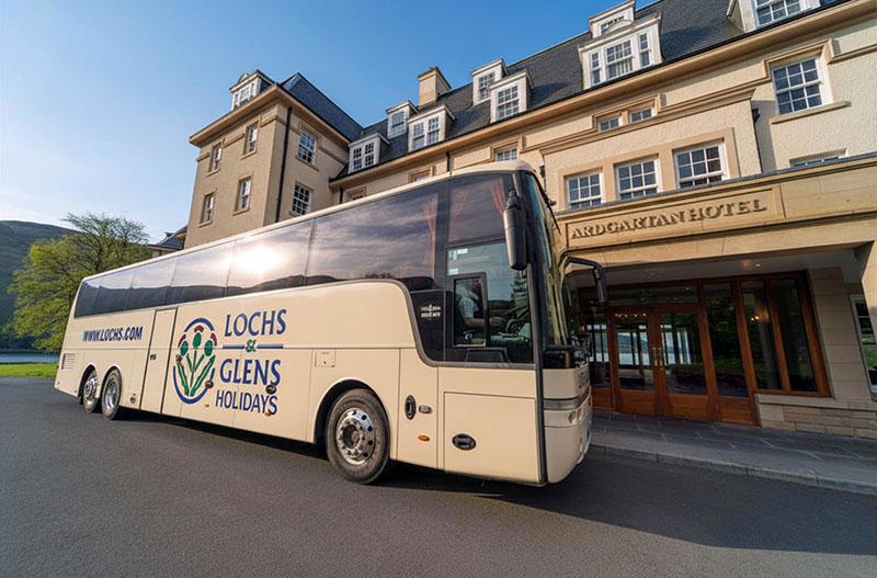 Lochs and Glens coach outside Ardgartan Hotel