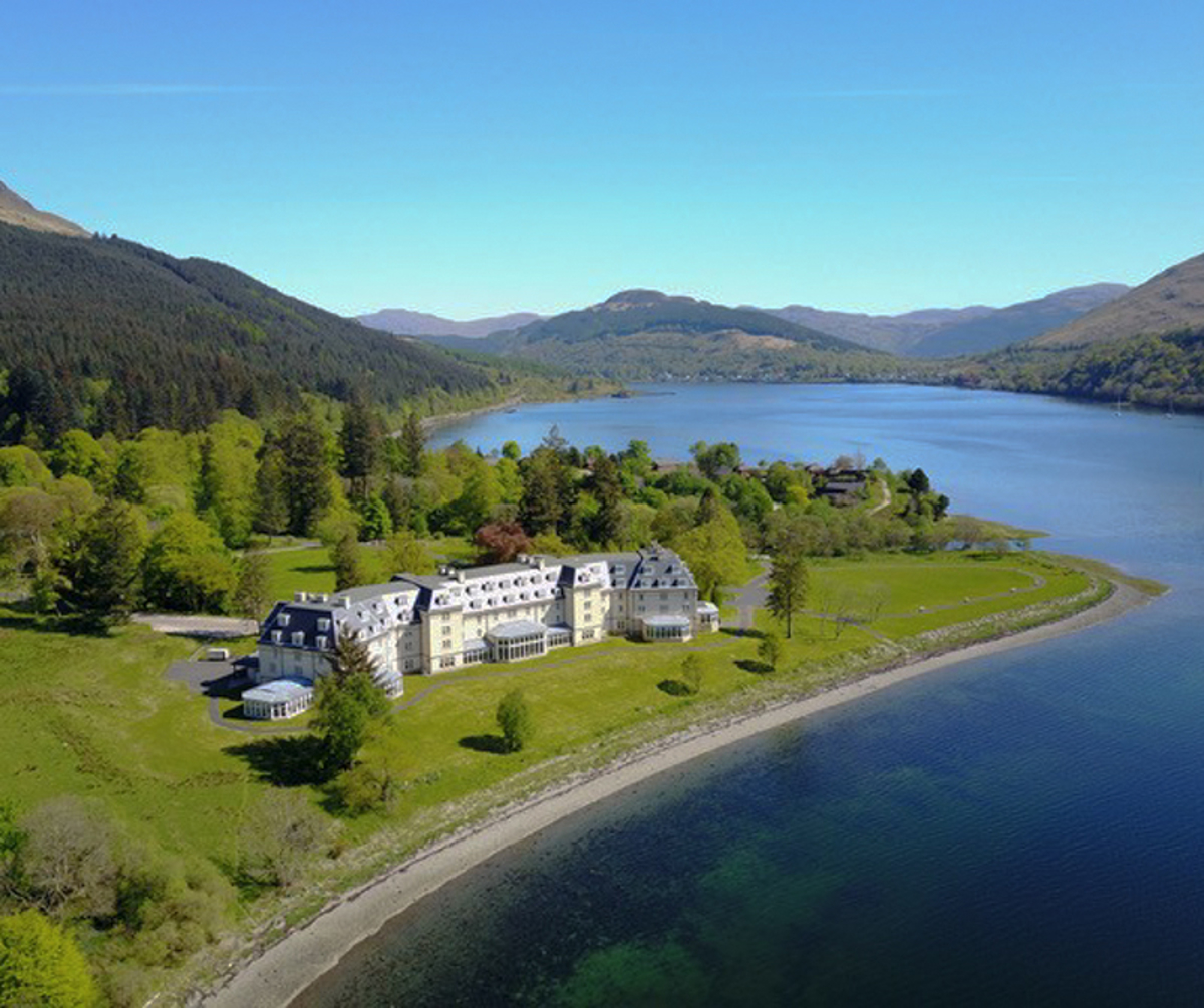 Eagle eye view of the Ardgartan hotel and its surrounding scenery, the perfect location for a coach holiday