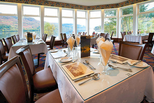 Ardgartan Hotel's elegant dining room with loch views