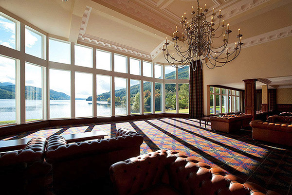 Ardgartan Hotel's impressive glass-fronted foyer with panoramic views of Loch Long
