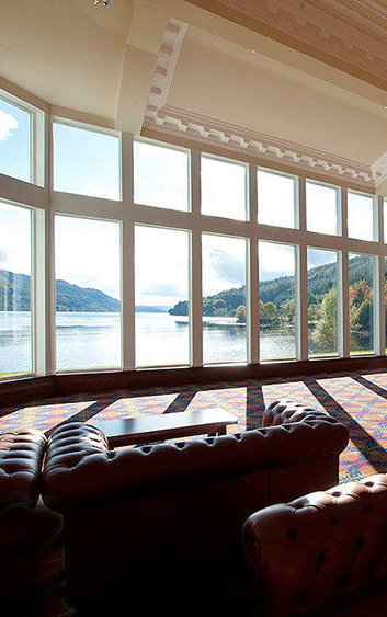 Ardgartan Hotel's impressive glass-fronted foyer with panoramic views of Loch Long