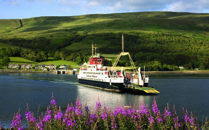 Caledonian MacBrayne ferry crossing the waters between the Scottish isles.