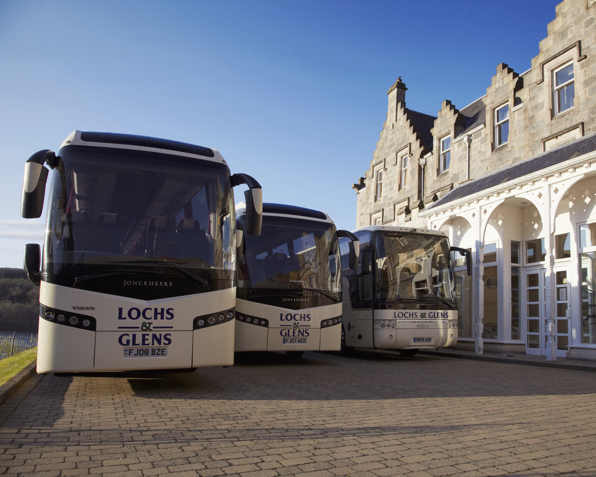 Outside the Loch Awe Hotel, our Volvo coaches are waiting to pick up our coach holiday customers.