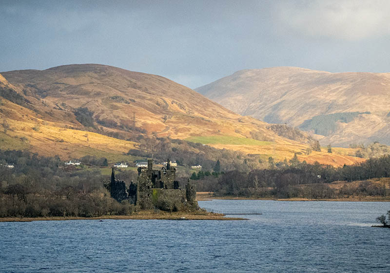View across Loch Awe with water and surrounding hills