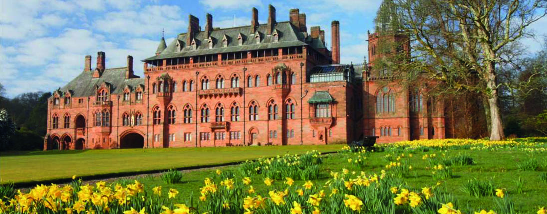 The grand façade of Mount Stuart, a Gothic Revival mansion on the Isle of Bute.