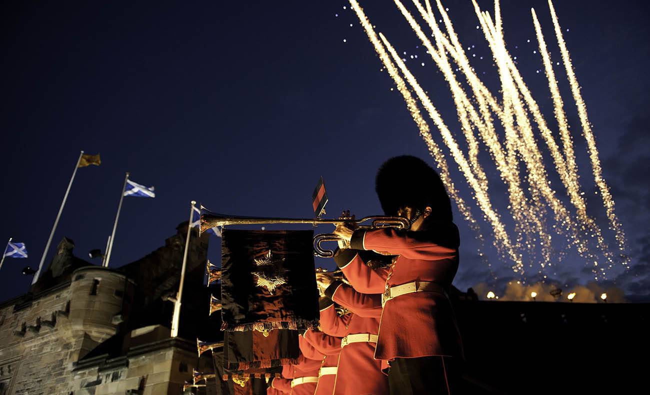The Military Pageantry showcasing their trumpet skills at the Edinburgh Military Tattoo