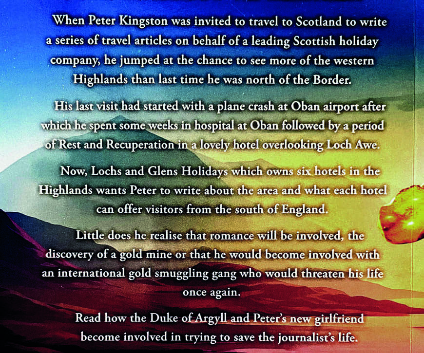 Back cover of 'Gold Amongst the Heather' by Paul Youden, featuring a synopsis of the book and author bio against a backdrop of golden heather.